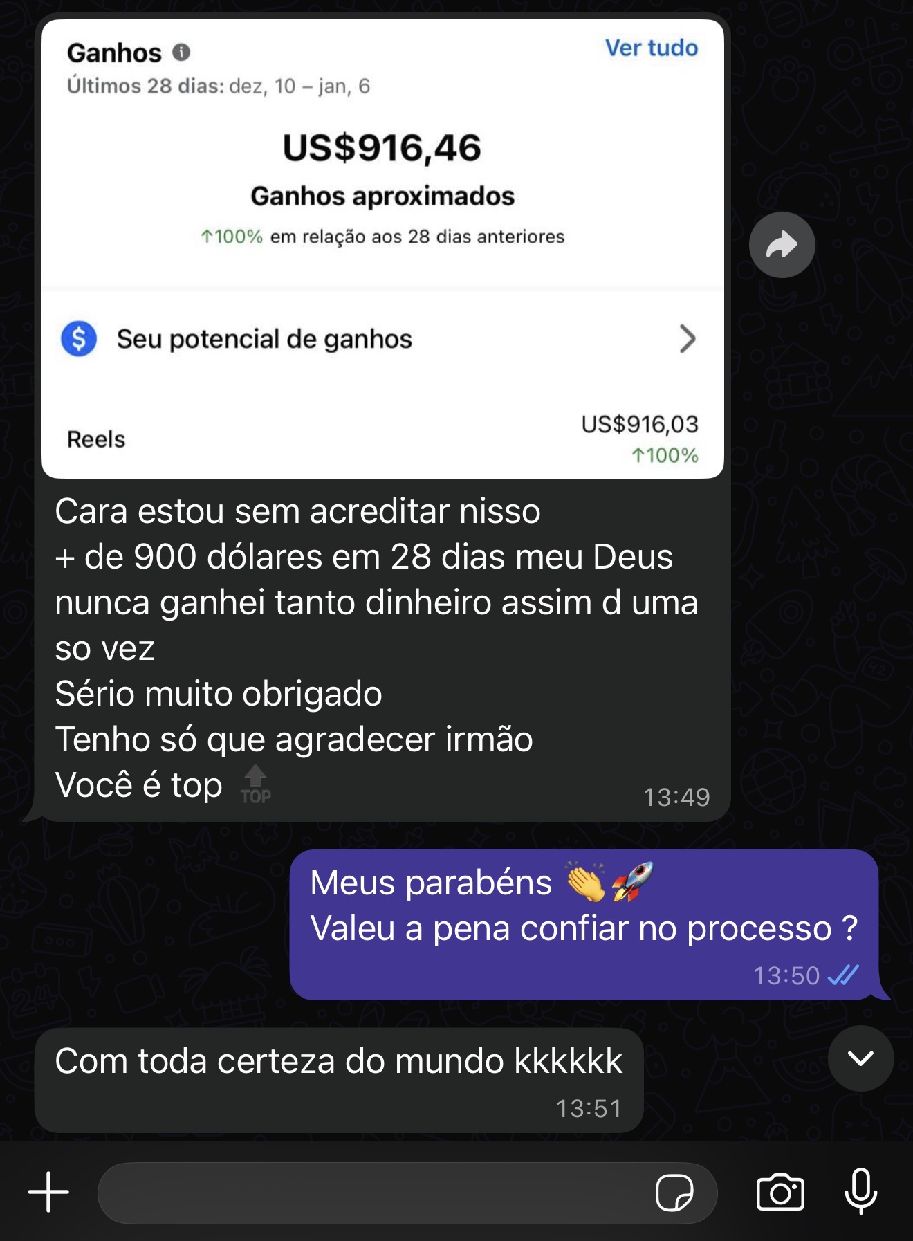 Aluno relatando mais de US$916 em 28 dias