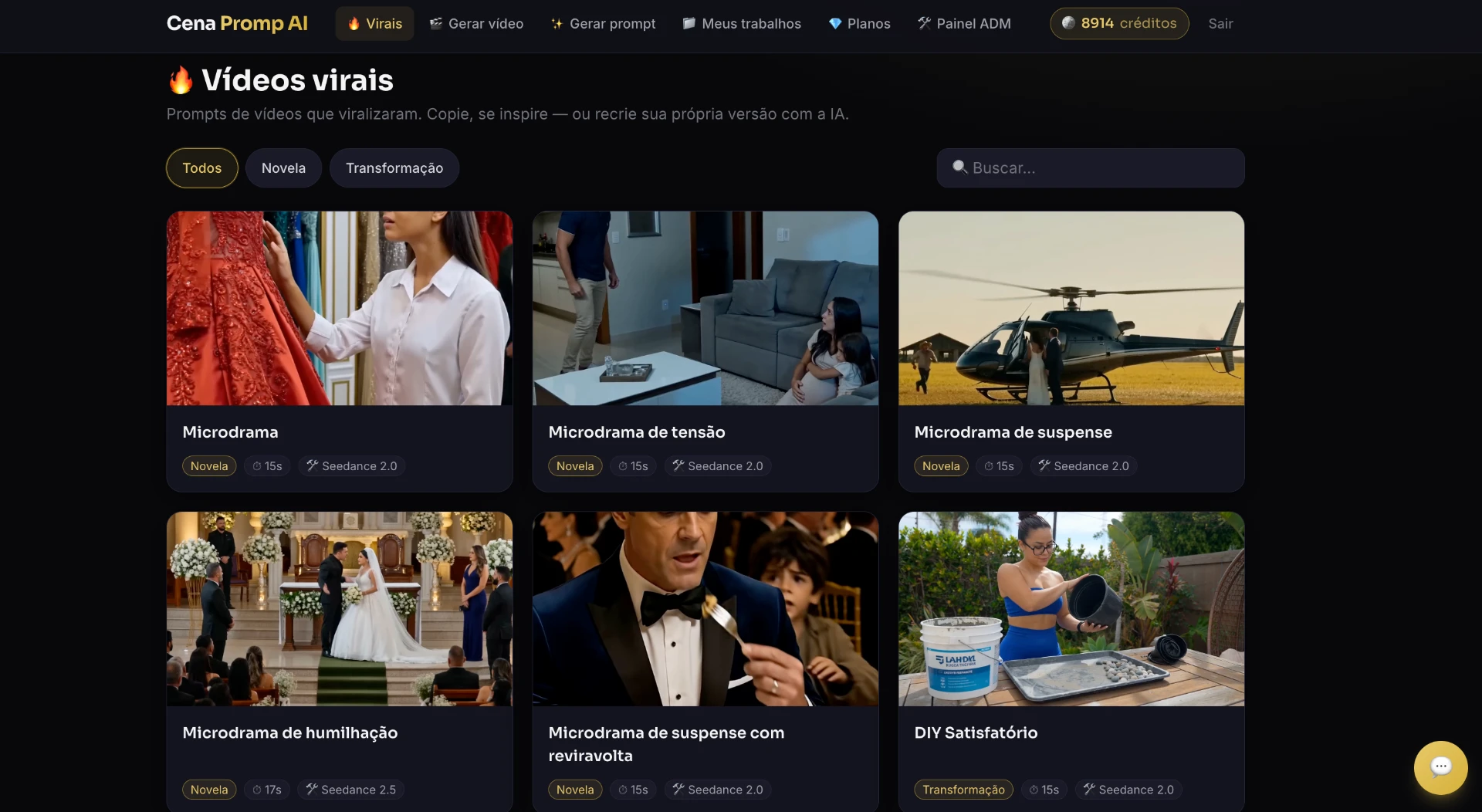 Dashboard da plataforma Cena Promp AI mostrando vídeos virais prontos para publicar